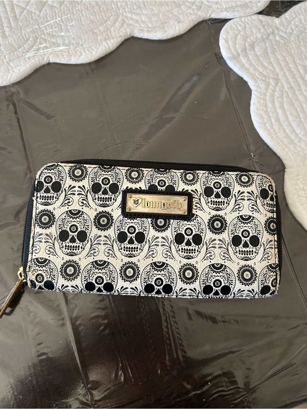 Loungefly Black & White Sugar Skull Zip Wallet with Gold Accents